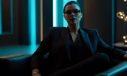 woman in black suit and glasses sitting on blue couch