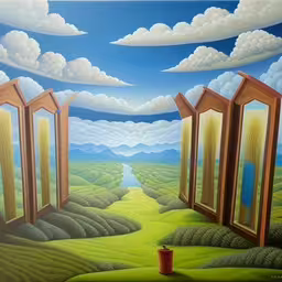 painting of open doors leading to a peaceful landscape,there are two open doors sitting on the green field,an artistic scene painted with doors leading to the sky,an image of an opened open window with blue sky and clouds,a painting with several open doors sitting on the side of a field