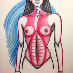 a drawing of a woman showing her large breasts,a painting of a women with an attached breast and her torso visible