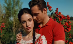 a young couple embrace in a field of flowers