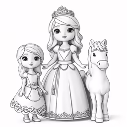 an adorable drawing with two little girls, one dressed as princess and the other a horse