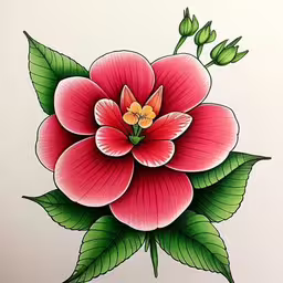a rose on a white background is in a frame,a painting of a large red flower and green leaves,this drawing is very pretty and colorful in color,the large flower has green leaves around it,a picture of a flower with green leaves on it