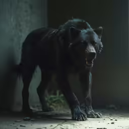 black bear walking in dark area of room next to concrete wall