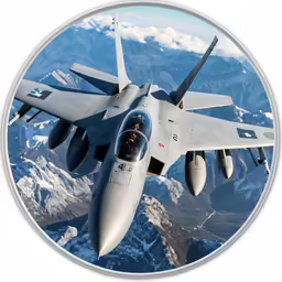 fighter jet plane flying over snowy mountains in white circular