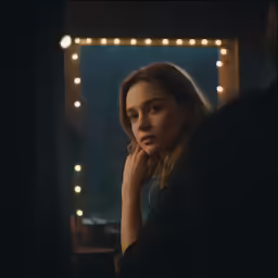a woman is looking through a window in the dark