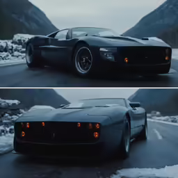 two photographs of a sports car on a road in the snow