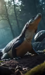 a lizard looking up while sitting on the ground