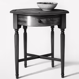 a wooden table with an oval shaped bowl on top