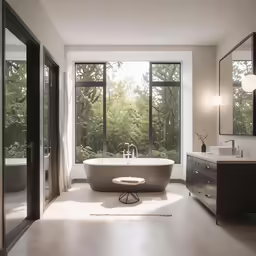 there is a bathtub and a window in this bathroom
