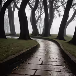 there is a path winding through a park in the fog