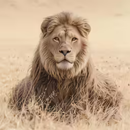 a lion laying in the middle of some dry grass