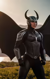 a woman in costume is standing with a giant bat behind her