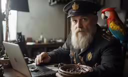 a man in uniform with a parrot sitting on his shoulder and typing on a laptop