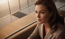a woman in business attire looking off to her right
