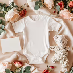 a blank card next to a teddy bear and baby flowers