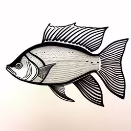 a black and white picture of a fish,drawing of a fish made with ink in black and white,an ink painting of a black and white fish,an artistic black and white drawing of a fish,an image of a fish with stripes on it
