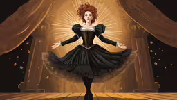 a woman in black is dancing on the floor,a cartoon of a woman in a long sleeved dress
