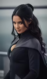 a woman wearing black clothes is looking ahead