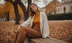 a woman sits on a bench in the fall foliage
