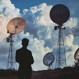 a man is standing in front of two satellite dishes
