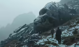 two people walk on a snowy mountain path next to a huge skull