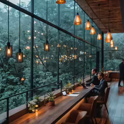 people sitting at a table on top of a wooden table