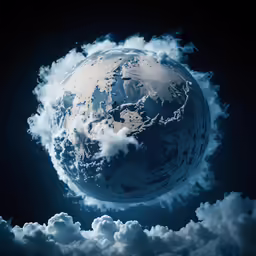 a blue and white photo with clouds around it