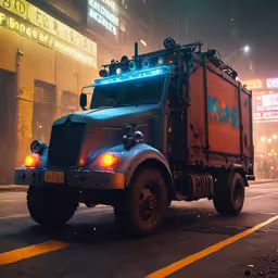 a large utility truck driving down a city street at night,an orange dump truck is driving down the street
