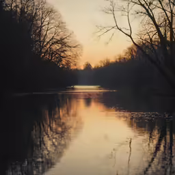 a calm lake at sunset in a park