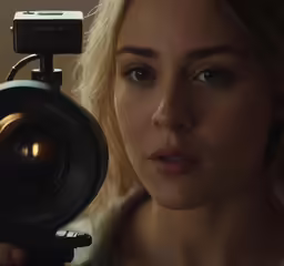 a beautiful blond woman holding up a small camera