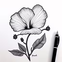 a sketch of a flower, with a leaf,a flower with leaves and a drawing on it