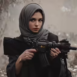 a woman holding a large weapon standing in the snow