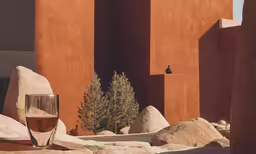 a wine glass next to rocks in a desert setting