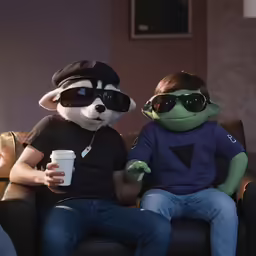 a stuffed animal and a stuffed man are sitting on a couch