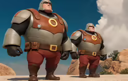 a giant man standing next to a smaller male in front of a mountain