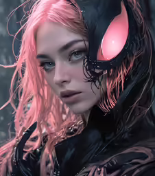 a young woman with long red hair wearing a futuristic black outfit