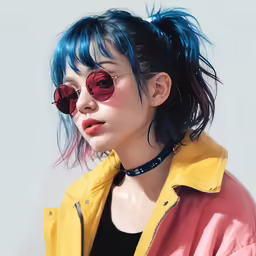 a woman with blue hair, pink jacket and black choker