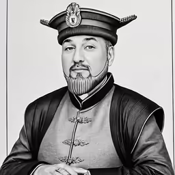 a portrait of qinzin xi with a beard and a black dress