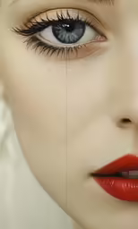 a woman with large eyelashes has a red lipstick on her face