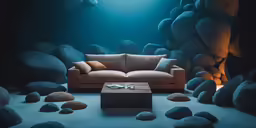 a large living room with pebbles around it