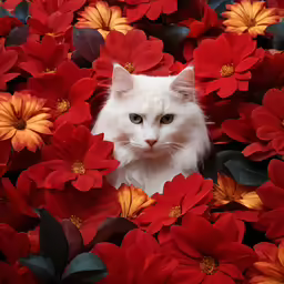 white cat sitting amongst red and yellow flowers