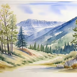 there is a painting of a mountain scene,a painting of a mountain scene with trees, rocks and mountains in the background,there is a watercolor of mountains and trees,a painting of mountains with watercol paints on it,a watercolor painting of a mountain scene