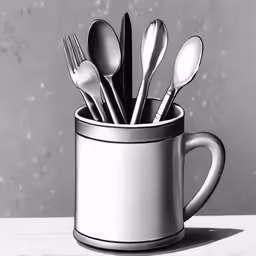 a white cup with silver forks and spoons