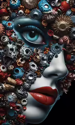 a woman with gears in her hair and red lipstick