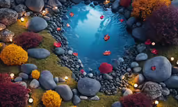 the design for a garden shows rocks, grass, and small water