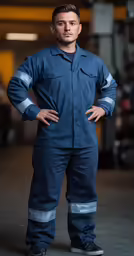 the man in overalls is posing for a picture