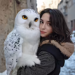 a woman holding an owl on her arm in the snow