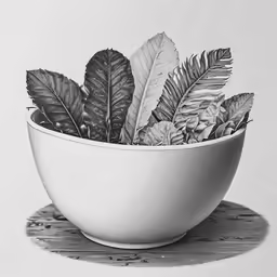 the bowl is full of plants and leaves