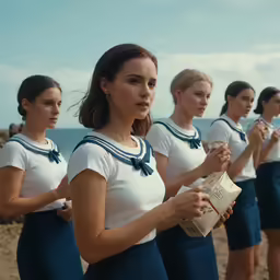 women are in sailor outfits and standing near the ocean