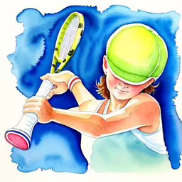 a kid with a tennis racquet on the ball,a painting of a kid with a tennis racquet,a girl is holding a tennis racket while wearing a green hat,a watercolor painting of a person holding a tennis racket,a woman swinging a tennis racquet on top of a tennis court